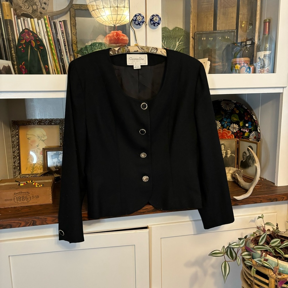 Christian Dior suit black 100% wool scoop neck rhinestone button blazer jacket
